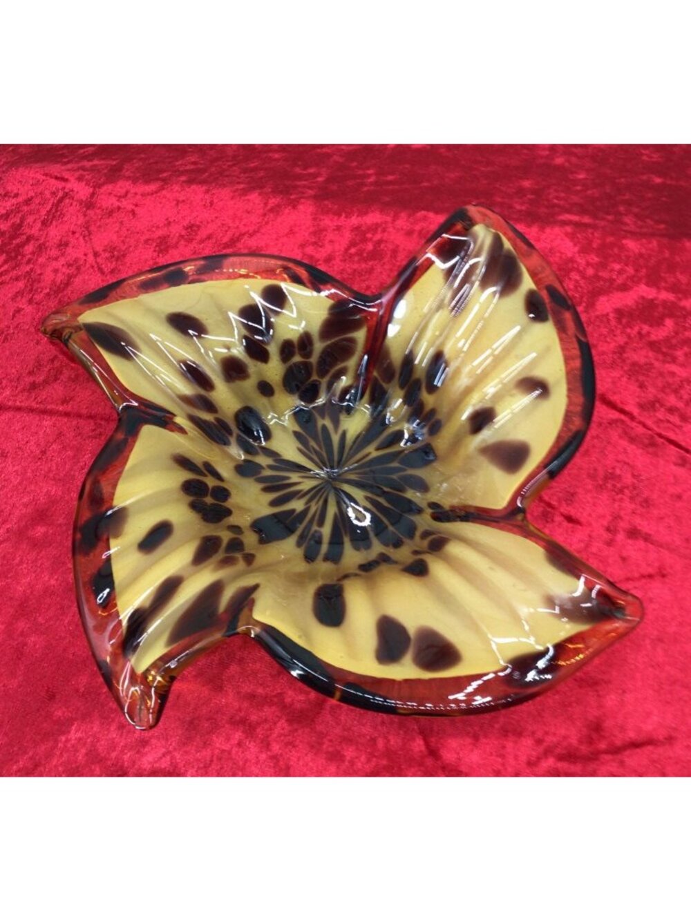 Murano Art Glass Decorative Flower Bowl Handmade In Italy Yellow & Brown Spotted